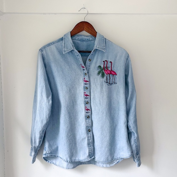 Vintage Denim Flamingo Embroidered Long Sleeve Button-Up Shirt - Picture 1 of 9